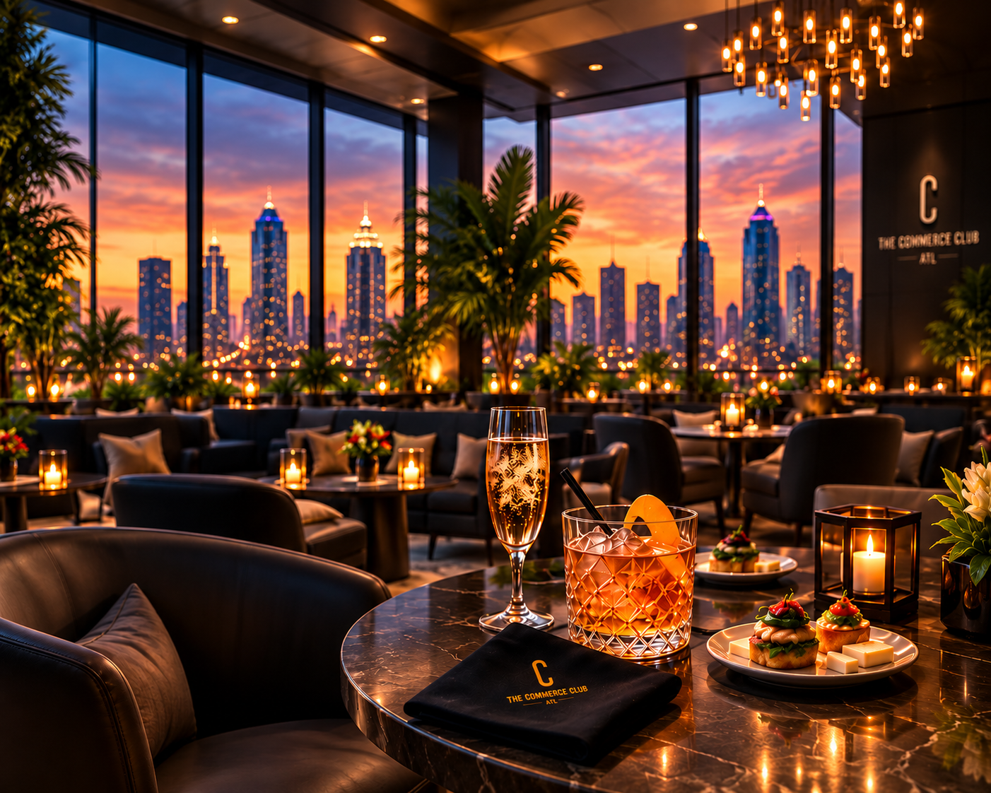 Founders Lounge cocktails overlooking the Atlanta skyline